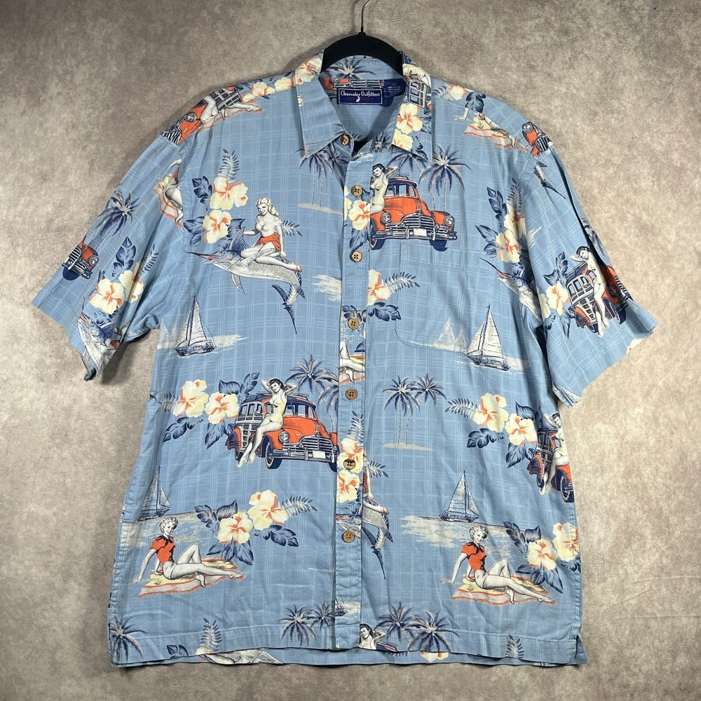 Clearwater‎ Outfitters Resort Collection Hawaiian Shirt Mens M Blue Pin Up Girl